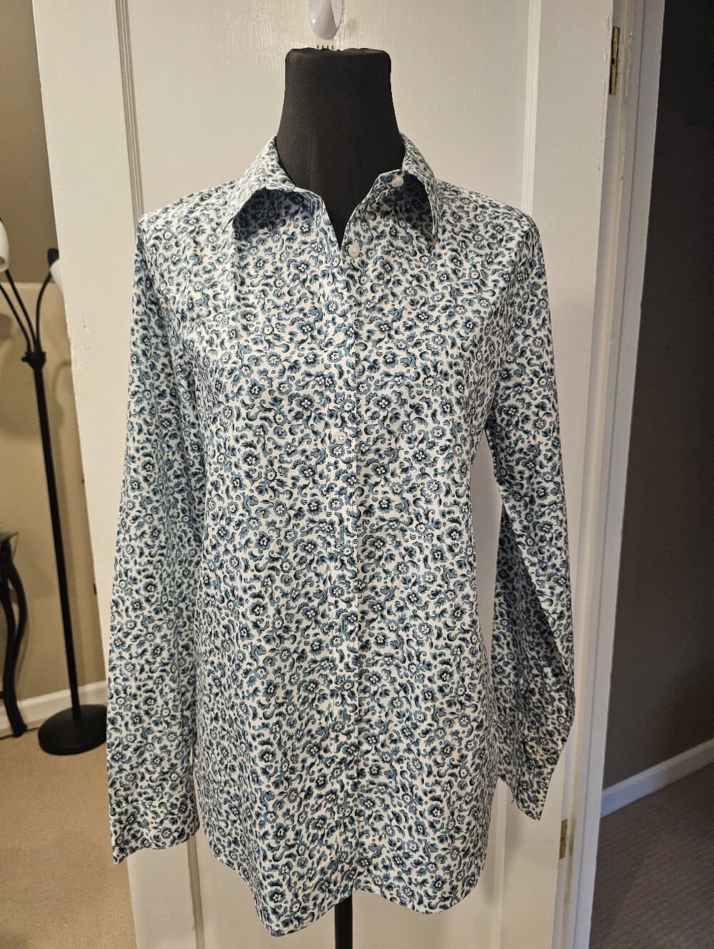 Lands' End Womens White Shirt with Blue Floral Paisley Print